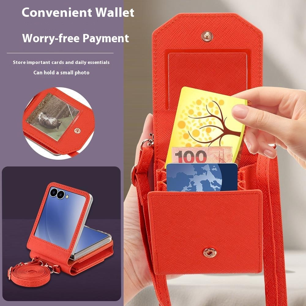 For Samsung Galaxy Z Flip7 5G Case Card Bag Kickstand PU Leather PC Phone Cover with Strap - Orange