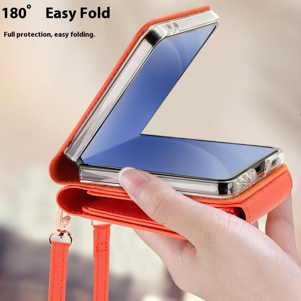 For Samsung Galaxy Z Flip7 5G Case Card Bag Kickstand PU Leather PC Phone Cover with Strap - Orange