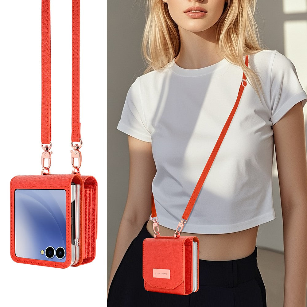 For Samsung Galaxy Z Flip7 5G Case Card Bag Kickstand PU Leather PC Phone Cover with Strap - Orange