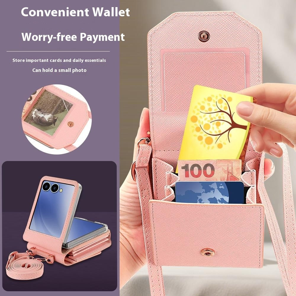 For Samsung Galaxy Z Flip7 5G Case Card Bag Kickstand PU Leather PC Phone Cover with Strap - Pink