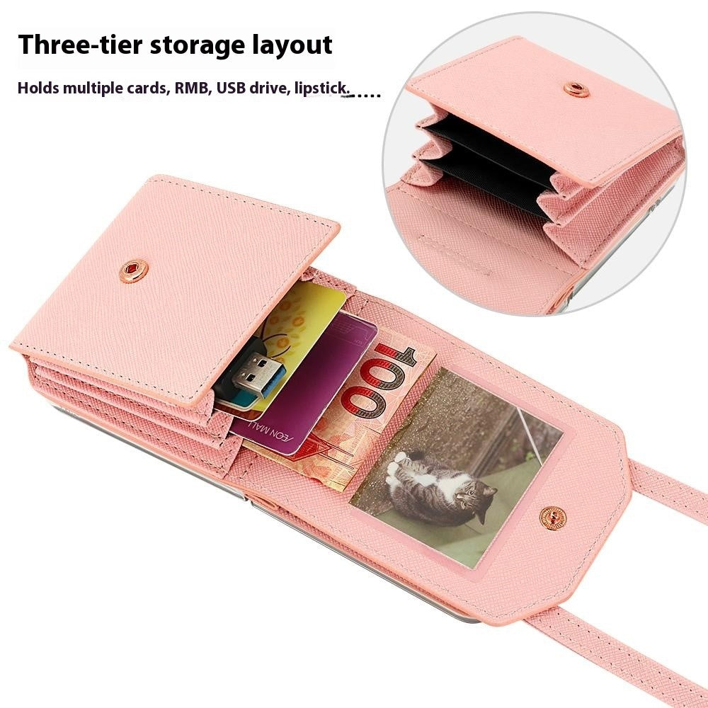For Samsung Galaxy Z Flip7 5G Case Card Bag Kickstand PU Leather PC Phone Cover with Strap - Pink