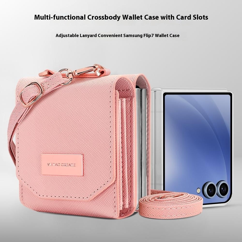 For Samsung Galaxy Z Flip7 5G Case Card Bag Kickstand PU Leather PC Phone Cover with Strap - Pink