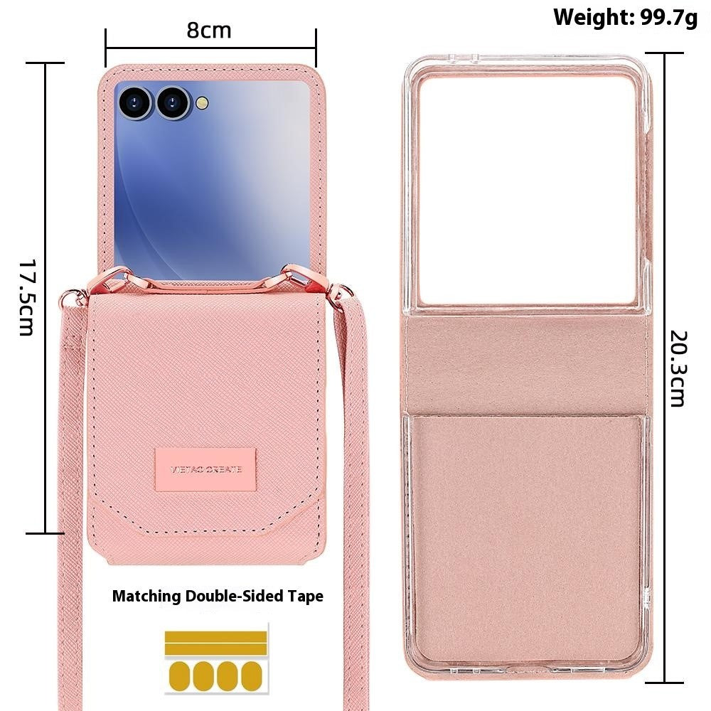 For Samsung Galaxy Z Flip7 5G Case Card Bag Kickstand PU Leather PC Phone Cover with Strap - Pink