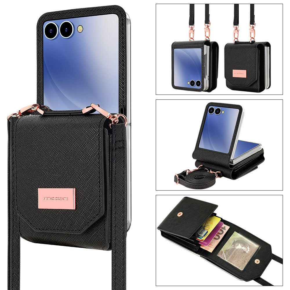 For Samsung Galaxy Z Flip7 5G Case Card Bag Kickstand PU Leather PC Phone Cover with Strap - Black