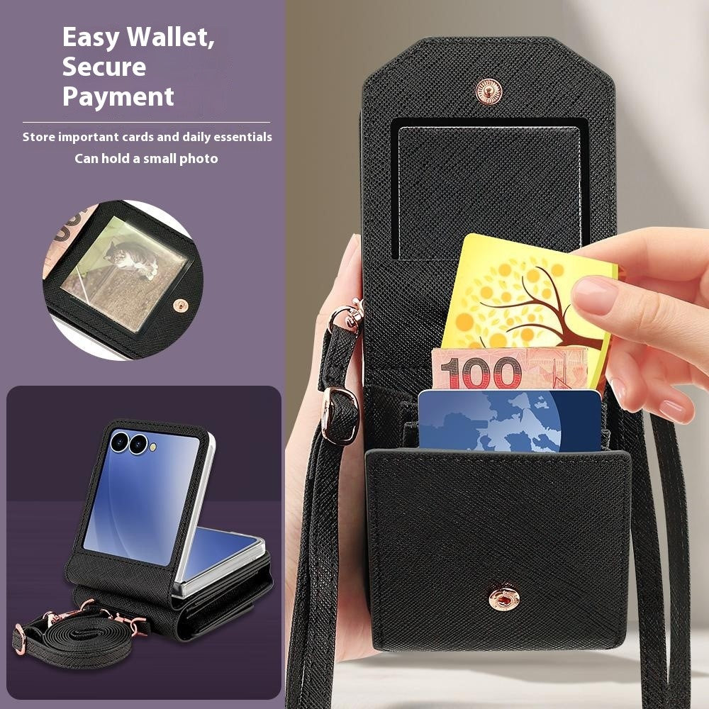 For Samsung Galaxy Z Flip7 5G Case Card Bag Kickstand PU Leather PC Phone Cover with Strap - Black