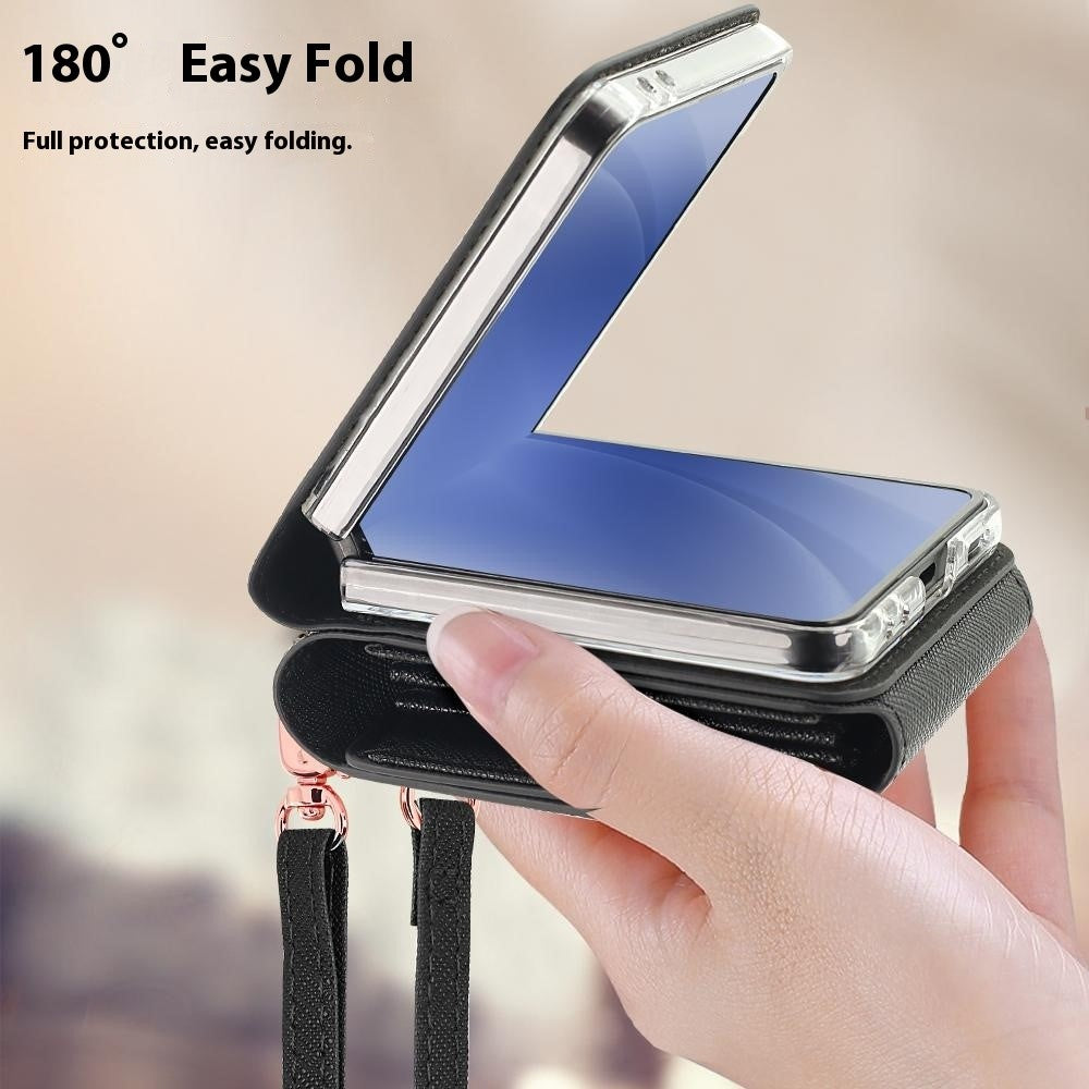 For Samsung Galaxy Z Flip7 5G Case Card Bag Kickstand PU Leather PC Phone Cover with Strap - Black