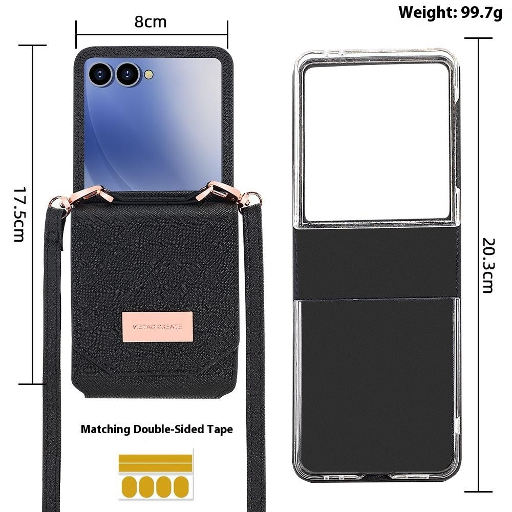 For Samsung Galaxy Z Flip7 5G Case Card Bag Kickstand PU Leather PC Phone Cover with Strap - Black