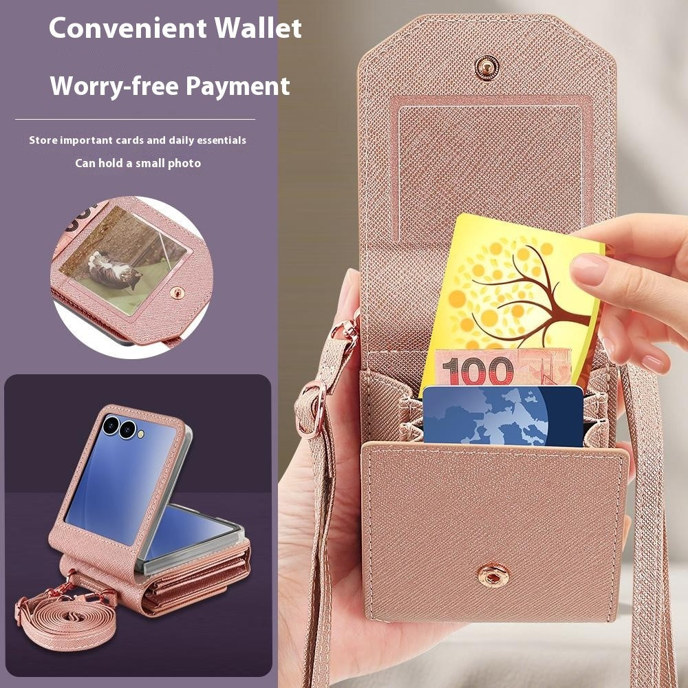 For Samsung Galaxy Z Flip7 5G Case Card Bag Kickstand PU Leather PC Phone Cover with Strap - Rose Gold
