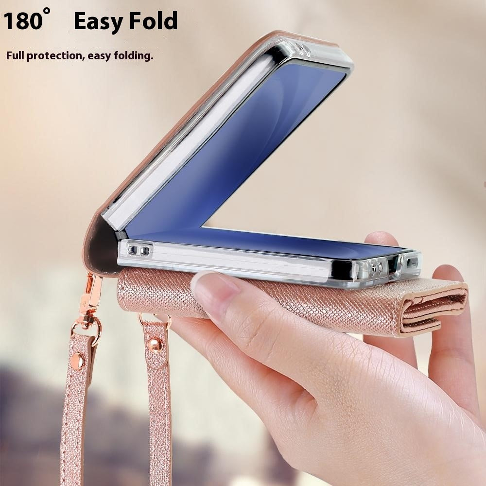 For Samsung Galaxy Z Flip7 5G Case Card Bag Kickstand PU Leather PC Phone Cover with Strap - Rose Gold