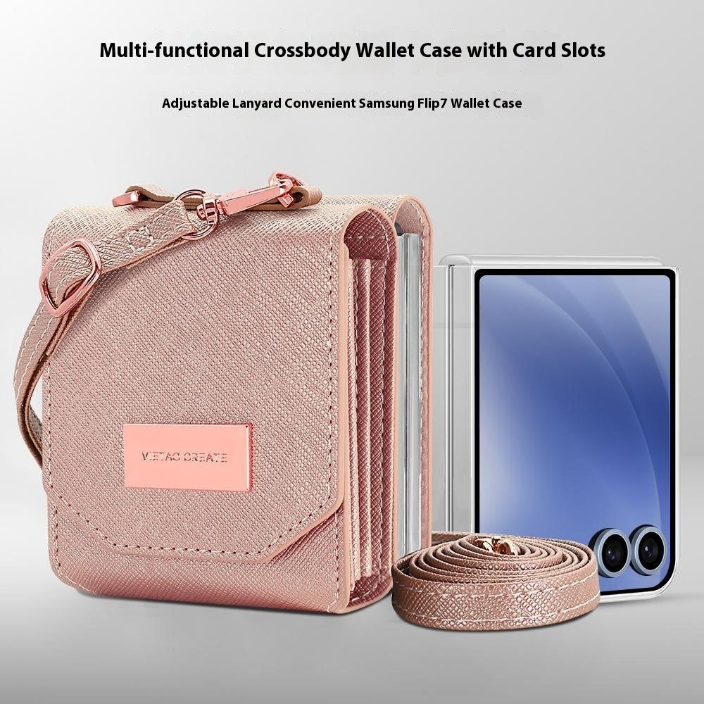 For Samsung Galaxy Z Flip7 5G Case Card Bag Kickstand PU Leather PC Phone Cover with Strap - Rose Gold