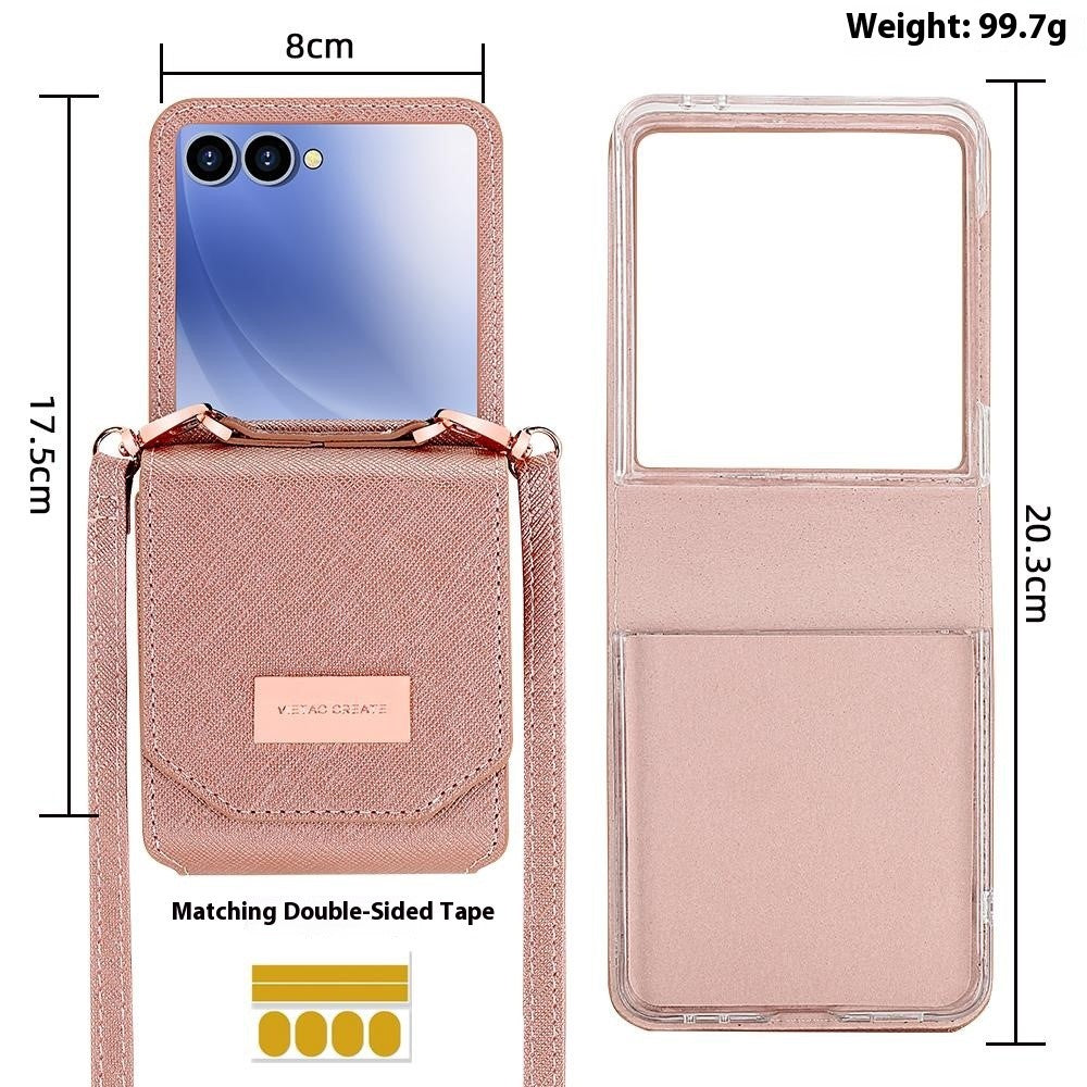 For Samsung Galaxy Z Flip7 5G Case Card Bag Kickstand PU Leather PC Phone Cover with Strap - Rose Gold