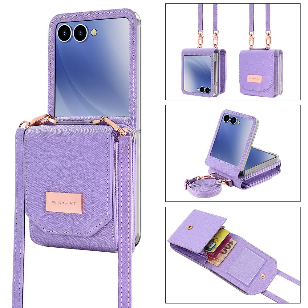 For Samsung Galaxy Z Flip7 5G Case Card Bag Kickstand PU Leather PC Phone Cover with Strap - Purple