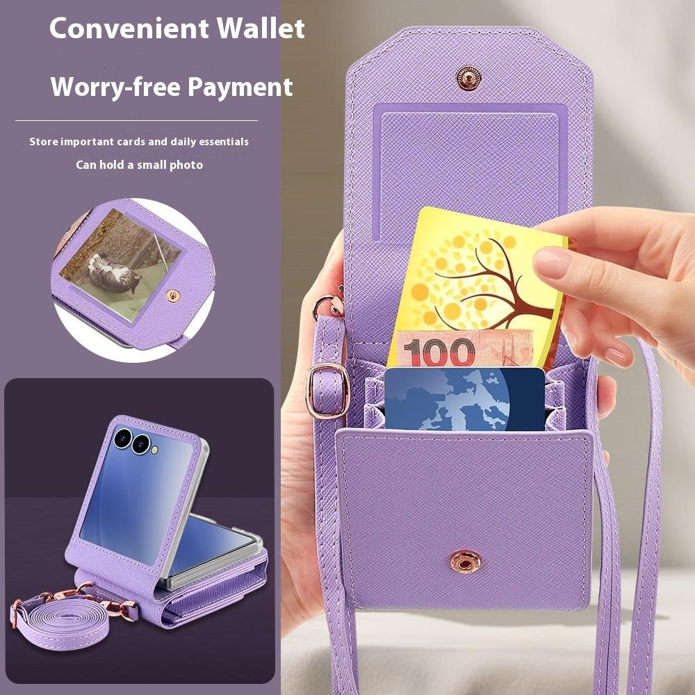 For Samsung Galaxy Z Flip7 5G Case Card Bag Kickstand PU Leather PC Phone Cover with Strap - Purple