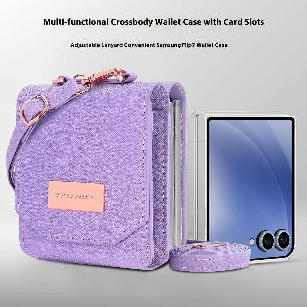 For Samsung Galaxy Z Flip7 5G Case Card Bag Kickstand PU Leather PC Phone Cover with Strap - Purple