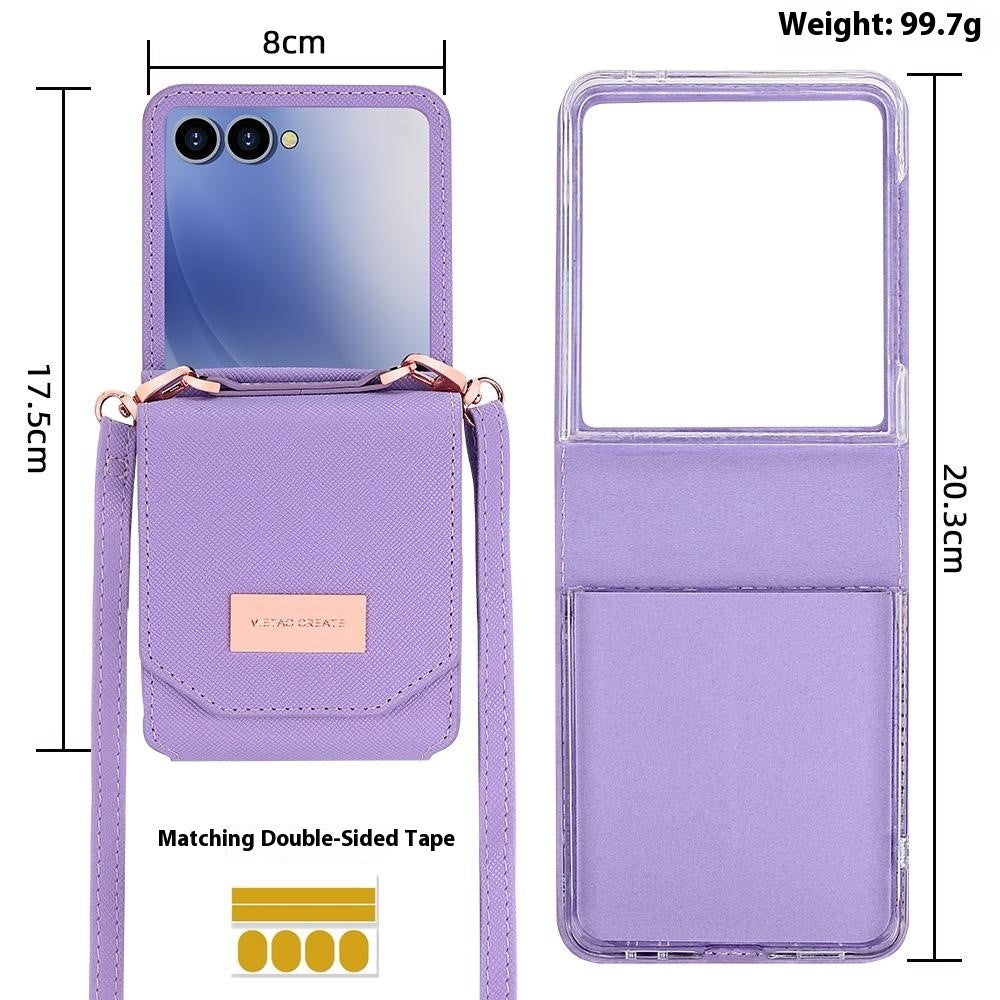 For Samsung Galaxy Z Flip7 5G Case Card Bag Kickstand PU Leather PC Phone Cover with Strap - Purple