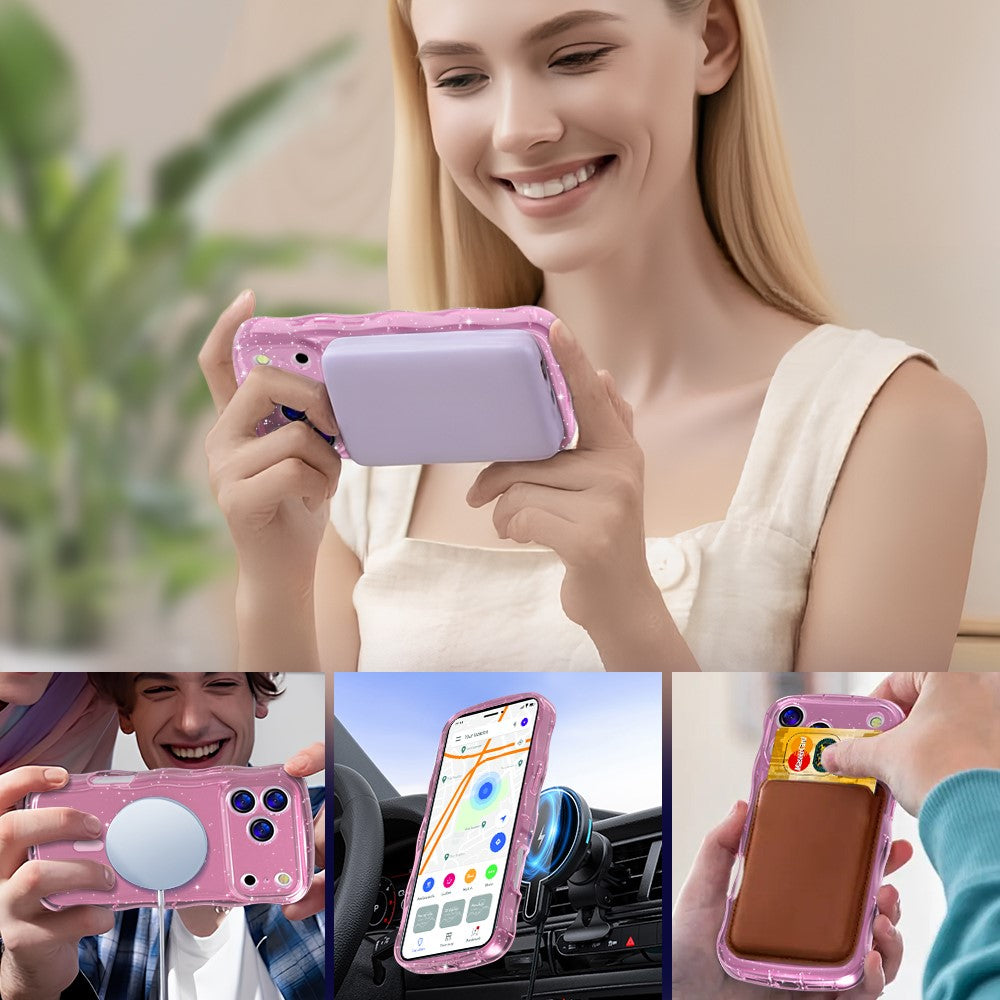 For iPhone 17 Pro Max Magnetic Case Wave Edge Glitter TPU Phone Back Cover - Transparent Pink