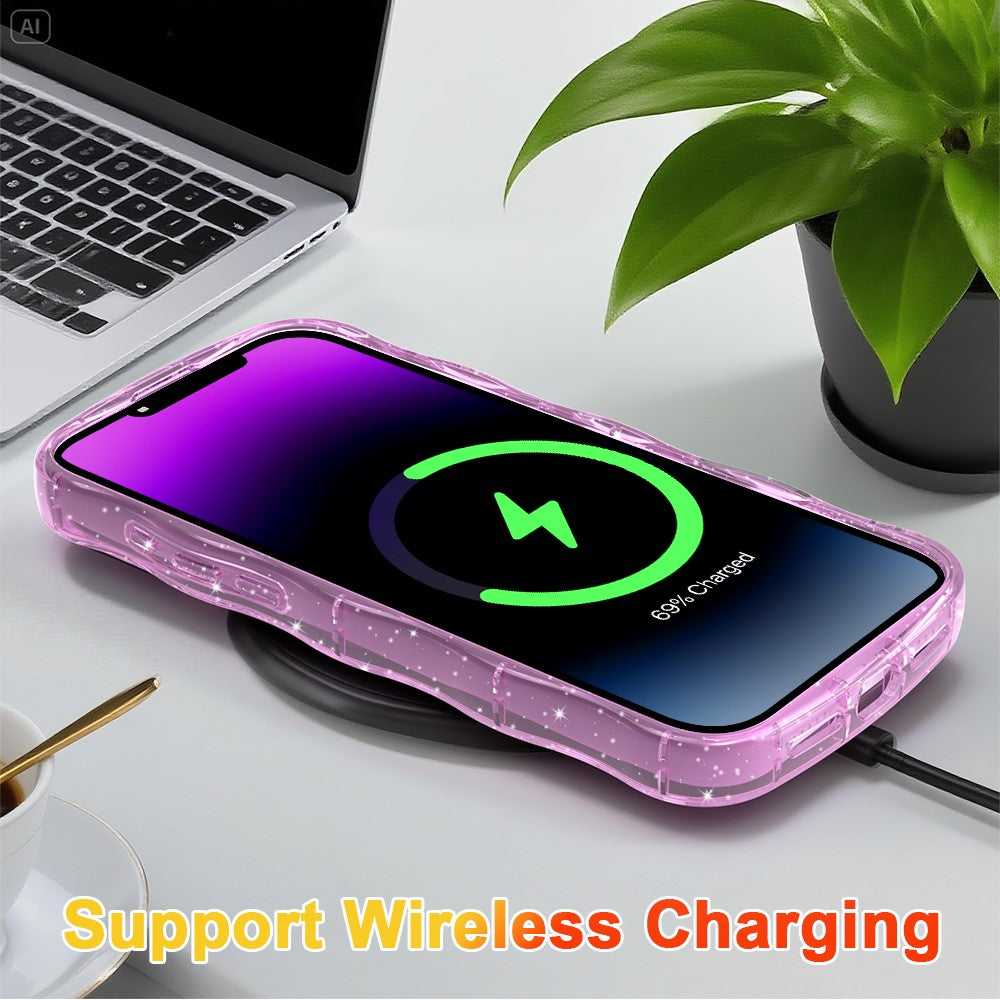 For iPhone 17 Pro Max Magnetic Case Wave Edge Glitter TPU Phone Back Cover - Transparent Pink