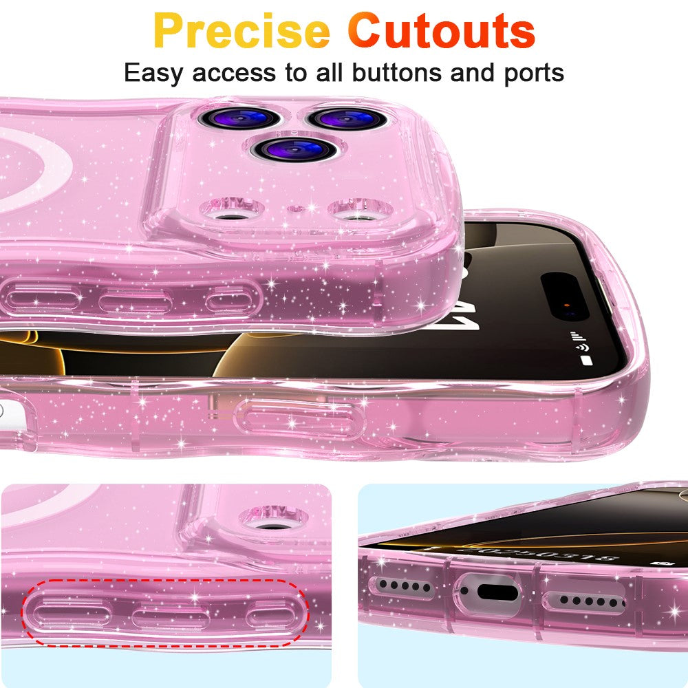For iPhone 17 Pro Max Magnetic Case Wave Edge Glitter TPU Phone Back Cover - Transparent Pink