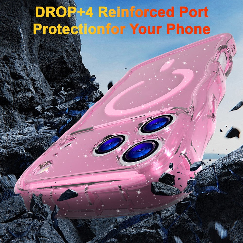 For iPhone 17 Pro Max Magnetic Case Wave Edge Glitter TPU Phone Back Cover - Transparent Pink