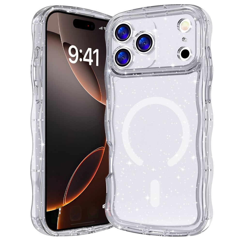 For iPhone 17 Pro Max Magnetic Case Wave Edge Glitter TPU Phone Back Cover - Transparent