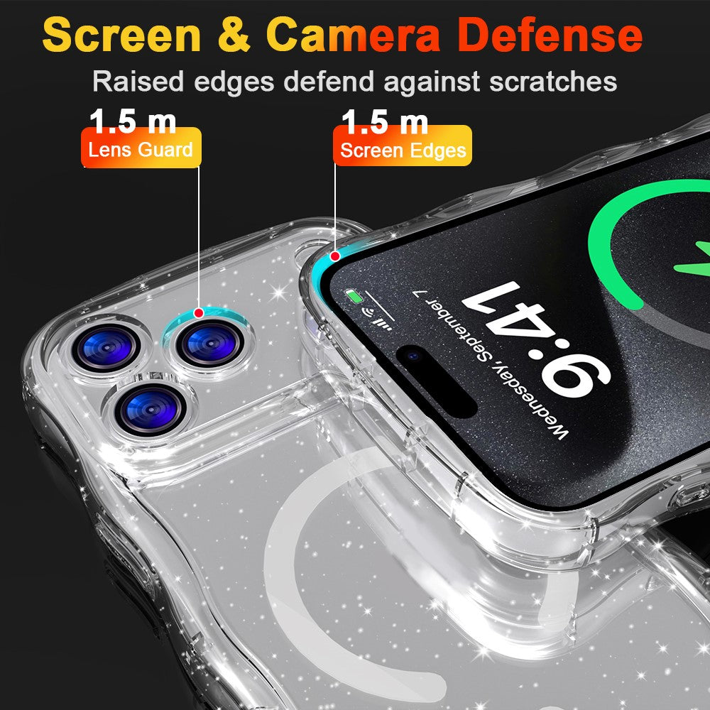 For iPhone 17 Pro Max Magnetic Case Wave Edge Glitter TPU Phone Back Cover - Transparent