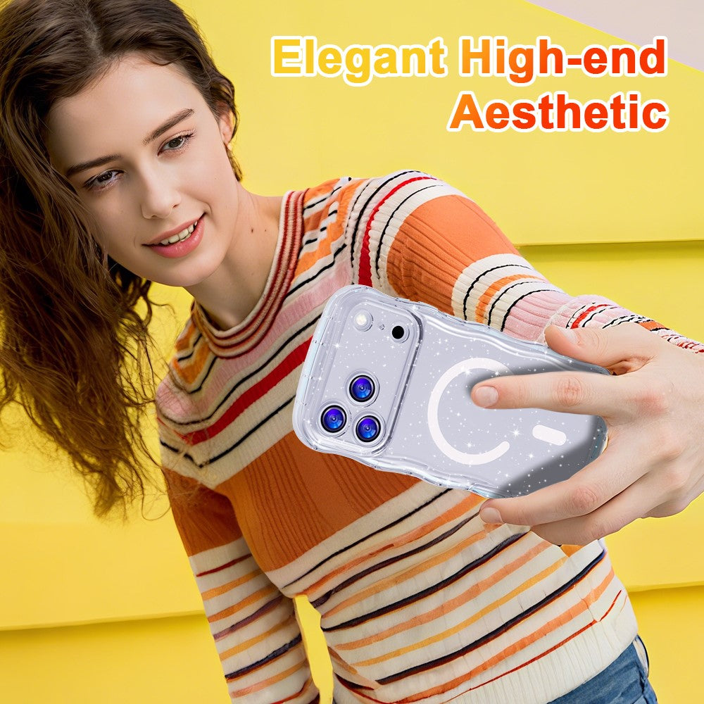 For iPhone 17 Pro Max Magnetic Case Wave Edge Glitter TPU Phone Back Cover - Transparent