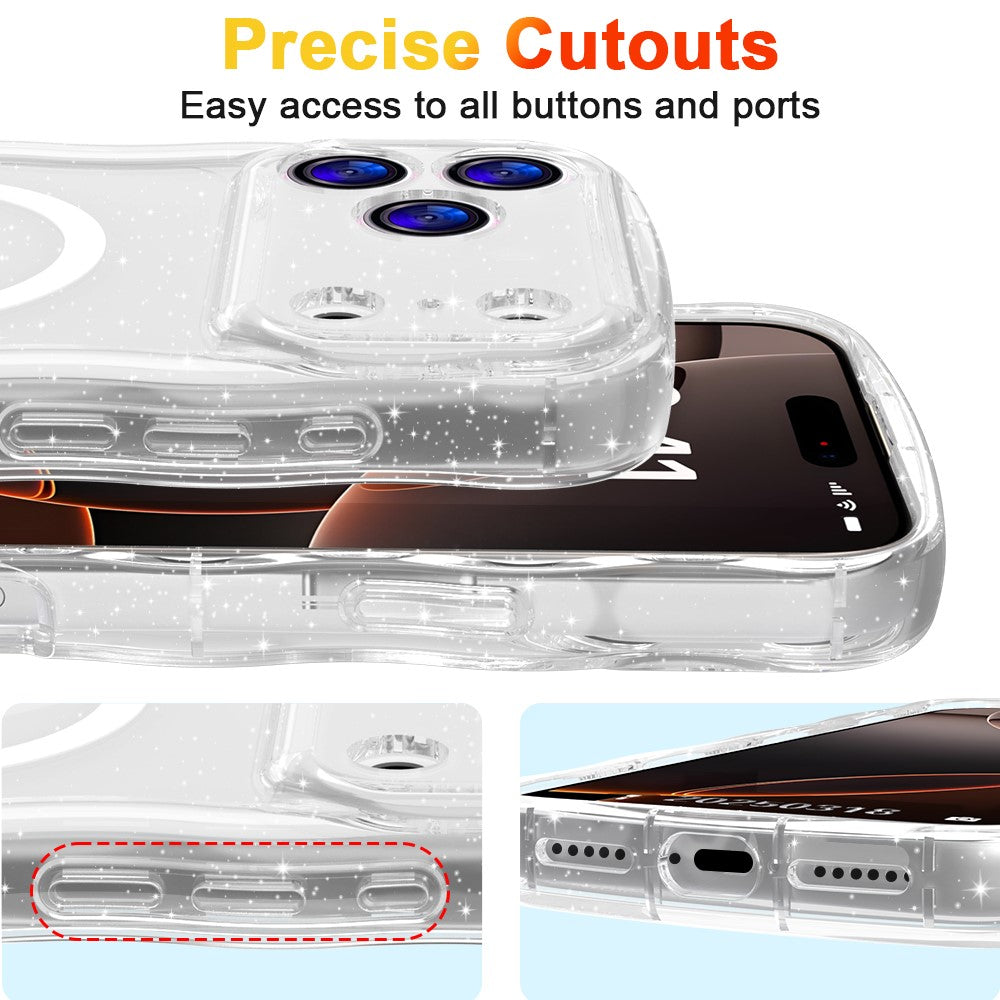 For iPhone 17 Pro Max Magnetic Case Wave Edge Glitter TPU Phone Back Cover - Transparent