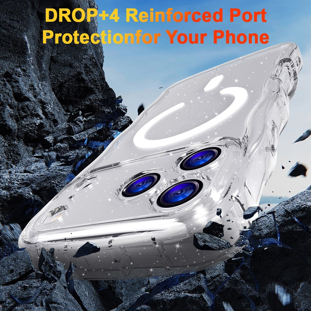 For iPhone 17 Pro Max Magnetic Case Wave Edge Glitter TPU Phone Back Cover - Transparent