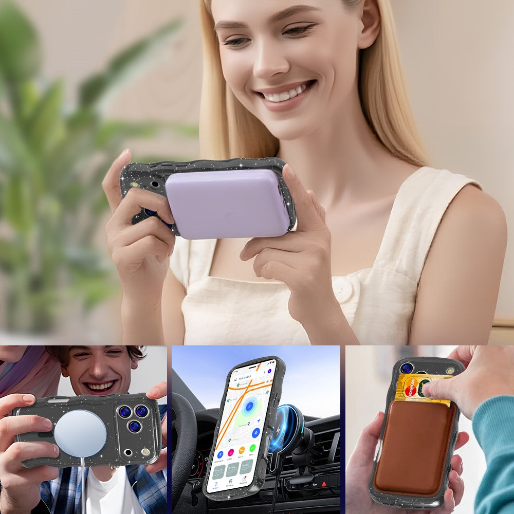 For iPhone 17 Pro Max Magnetic Case Wave Edge Glitter TPU Phone Back Cover - Transparent Black