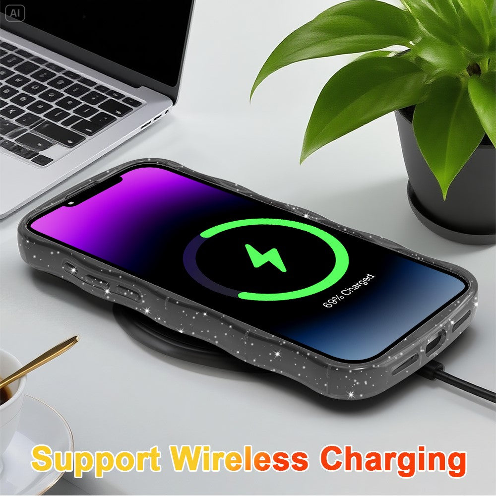 For iPhone 17 Pro Max Magnetic Case Wave Edge Glitter TPU Phone Back Cover - Transparent Black