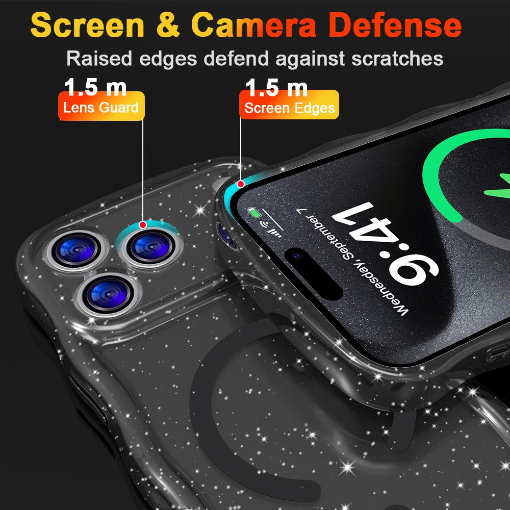For iPhone 17 Pro Max Magnetic Case Wave Edge Glitter TPU Phone Back Cover - Transparent Black