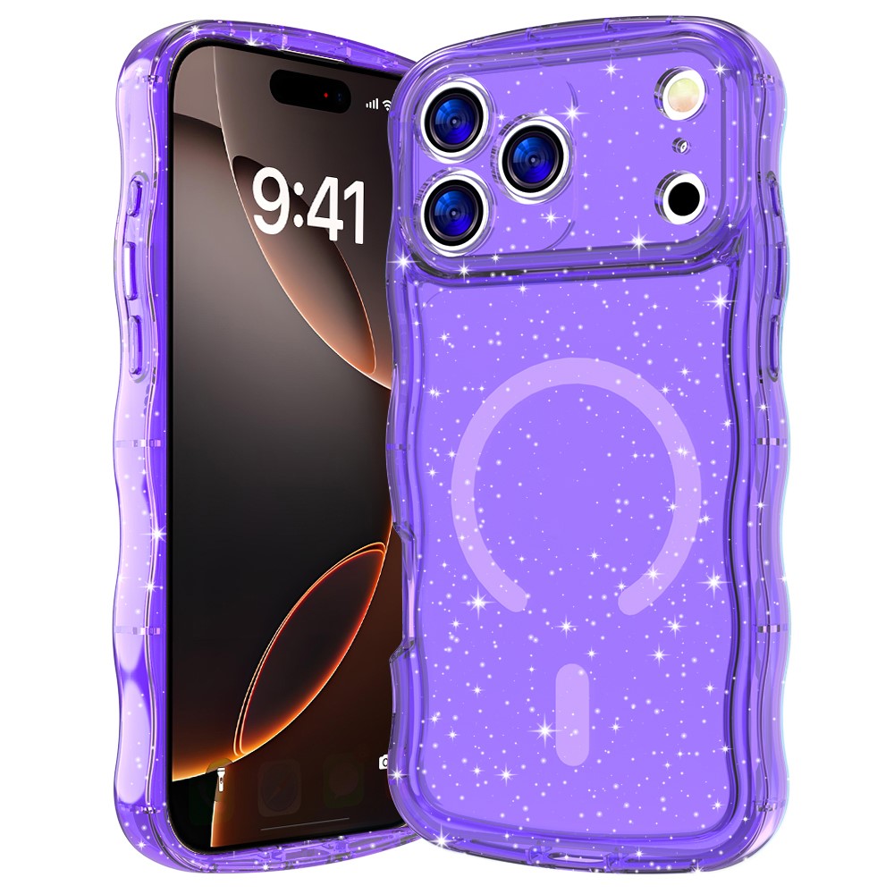 For iPhone 17 Pro Max Magnetic Case Wave Edge Glitter TPU Phone Back Cover - Transparent Purple