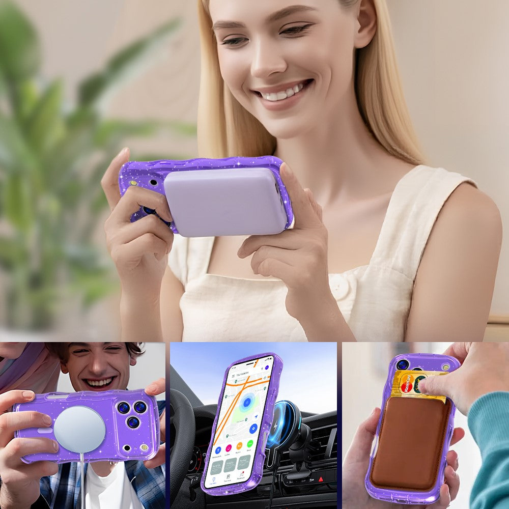 For iPhone 17 Pro Max Magnetic Case Wave Edge Glitter TPU Phone Back Cover - Transparent Purple