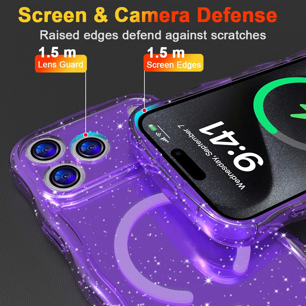 For iPhone 17 Pro Max Magnetic Case Wave Edge Glitter TPU Phone Back Cover - Transparent Purple