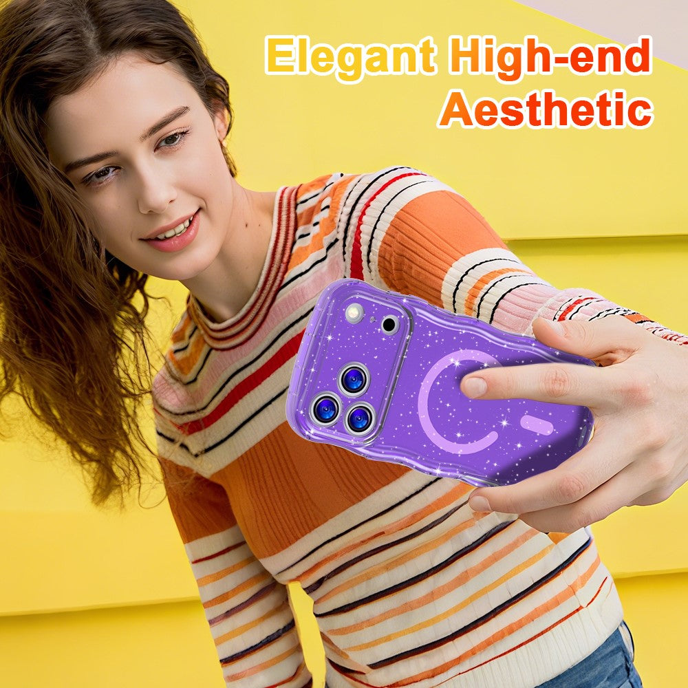 For iPhone 17 Pro Max Magnetic Case Wave Edge Glitter TPU Phone Back Cover - Transparent Purple