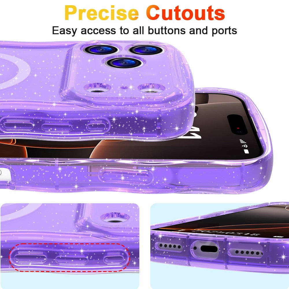 For iPhone 17 Pro Max Magnetic Case Wave Edge Glitter TPU Phone Back Cover - Transparent Purple