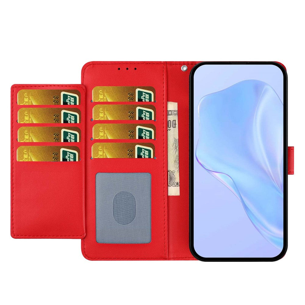 For iPhone 17 Pro Max Wallet Case with Strap / Multiple Card Slots Solid Color Leather Stand Phone Cover - Red