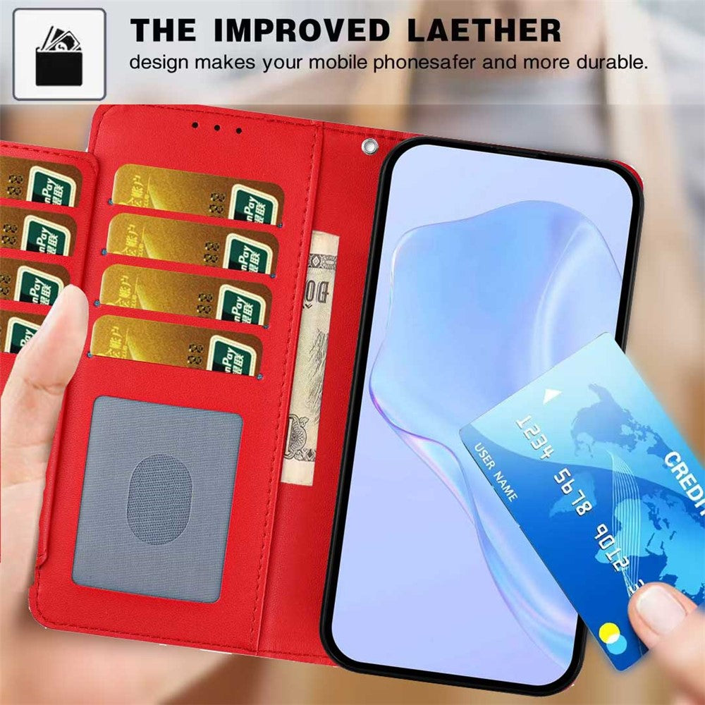 For iPhone 17 Pro Max Wallet Case with Strap / Multiple Card Slots Solid Color Leather Stand Phone Cover - Red