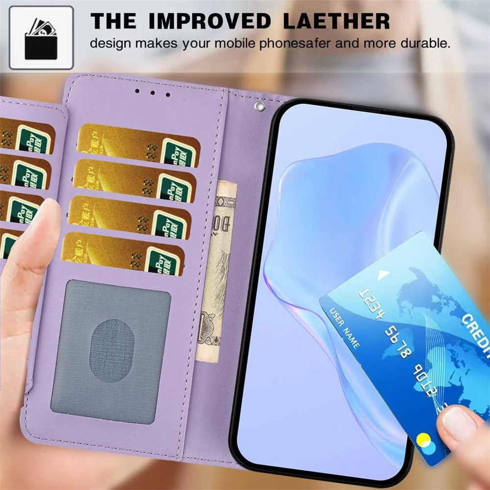 For iPhone 17 Pro Max Wallet Case with Strap / Multiple Card Slots Solid Color Leather Stand Phone Cover - Purple