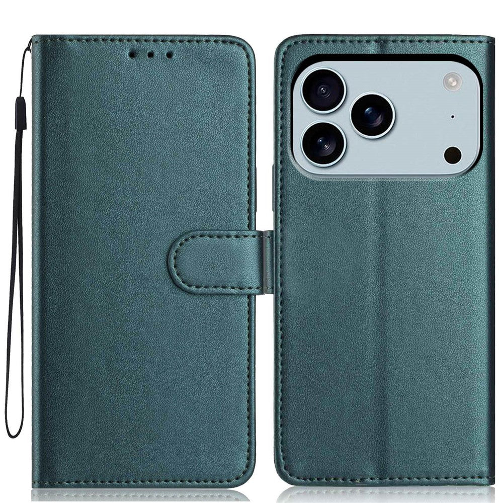 For iPhone 17 Pro Max Wallet Case with Strap / Multiple Card Slots Solid Color Leather Stand Phone Cover - Blackish Green