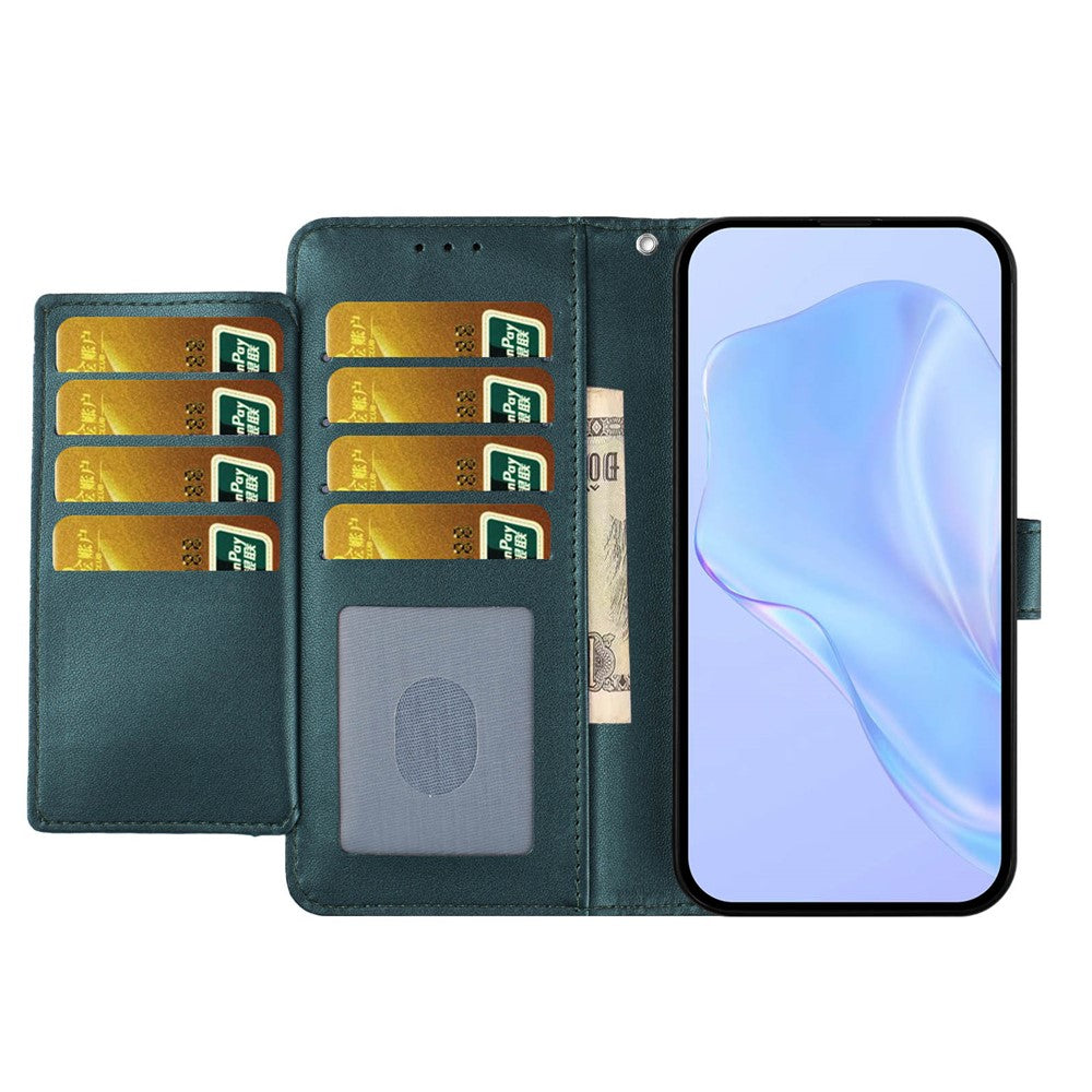 For iPhone 17 Pro Max Wallet Case with Strap / Multiple Card Slots Solid Color Leather Stand Phone Cover - Blackish Green