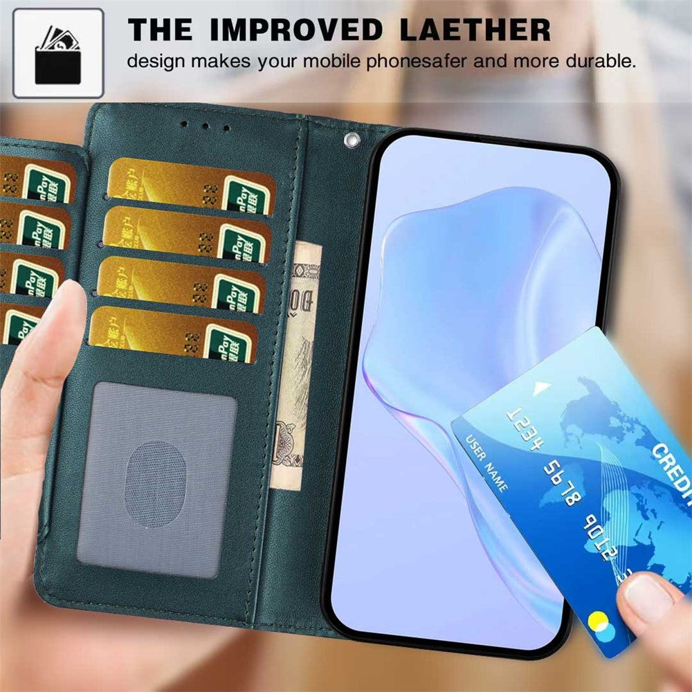 For iPhone 17 Pro Max Wallet Case with Strap / Multiple Card Slots Solid Color Leather Stand Phone Cover - Blackish Green