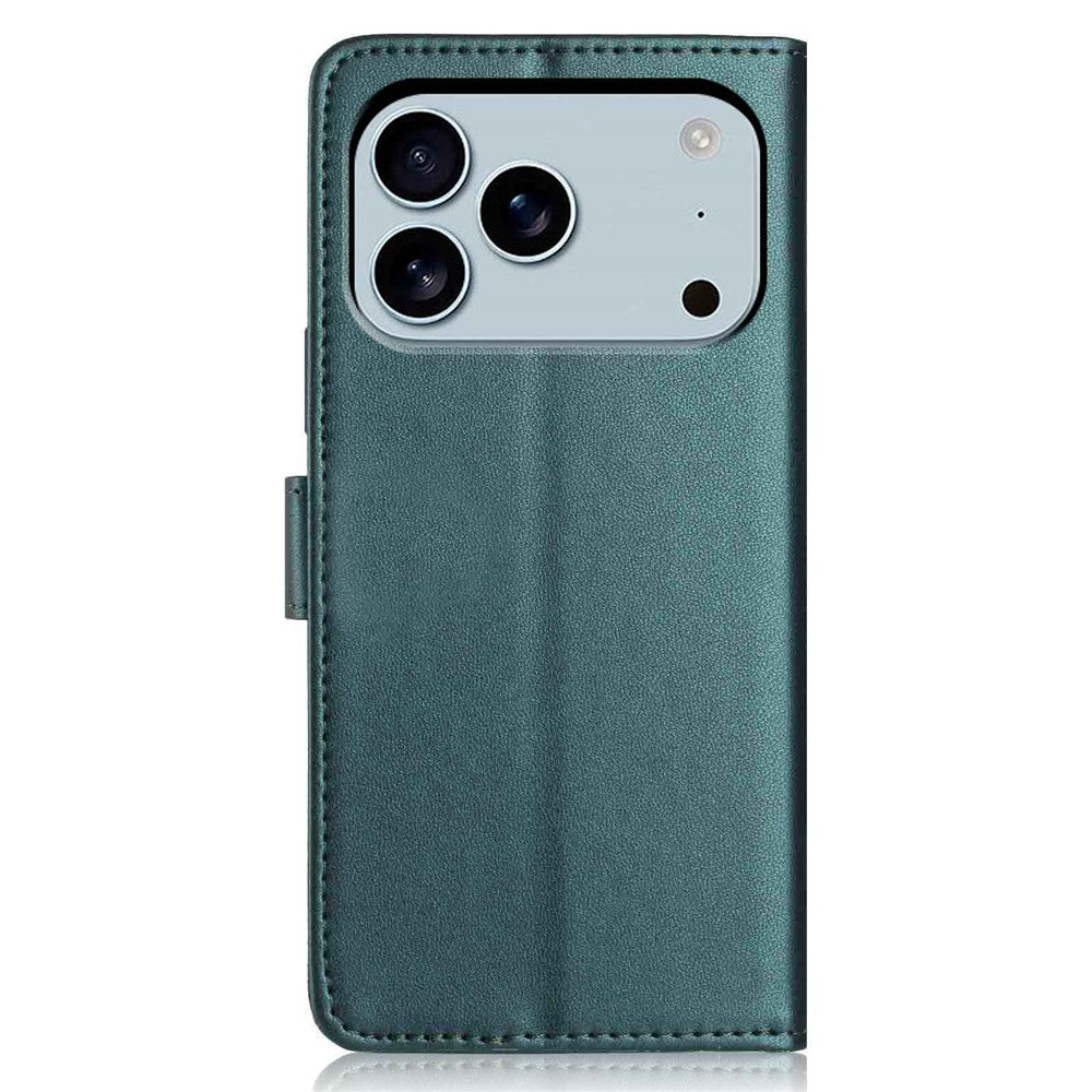 For iPhone 17 Pro Max Wallet Case with Strap / Multiple Card Slots Solid Color Leather Stand Phone Cover - Blackish Green