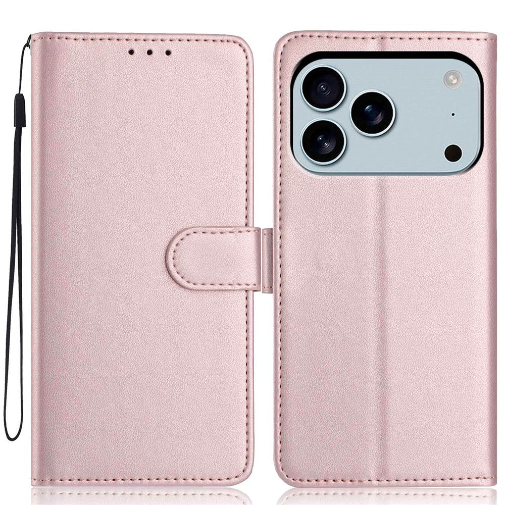 For iPhone 17 Pro Max Wallet Case with Strap / Multiple Card Slots Solid Color Leather Stand Phone Cover - Rose Gold