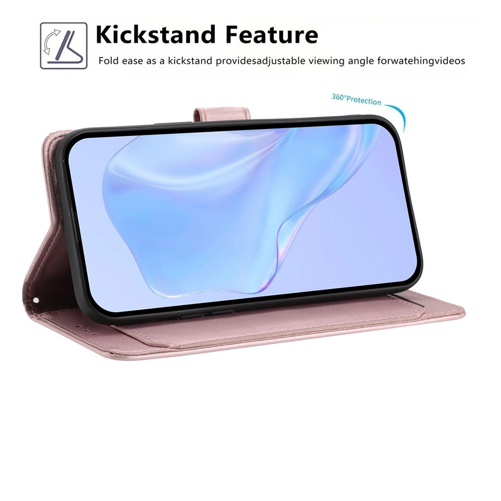 For iPhone 17 Pro Max Wallet Case with Strap / Multiple Card Slots Solid Color Leather Stand Phone Cover - Rose Gold