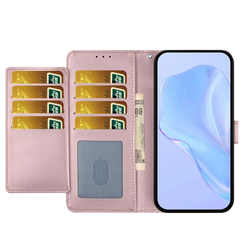 For iPhone 17 Pro Max Wallet Case with Strap / Multiple Card Slots Solid Color Leather Stand Phone Cover - Rose Gold