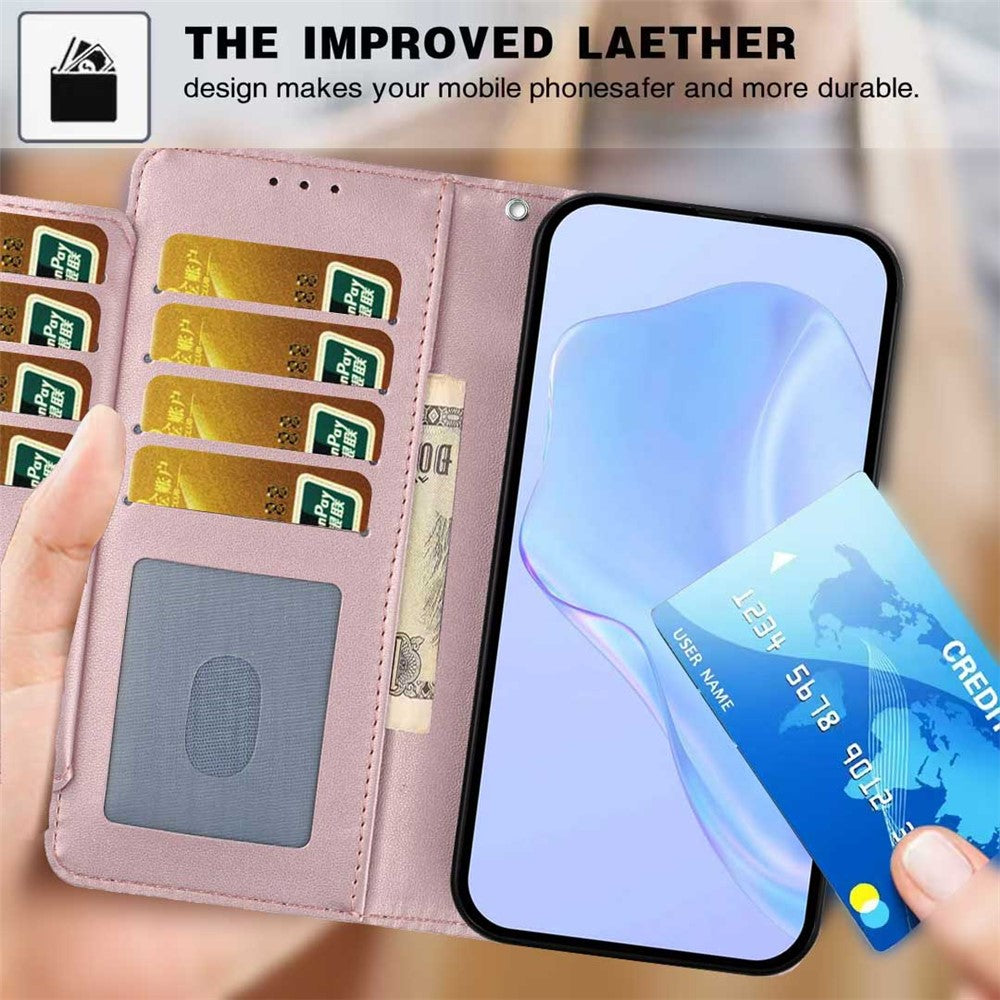 For iPhone 17 Pro Max Wallet Case with Strap / Multiple Card Slots Solid Color Leather Stand Phone Cover - Rose Gold