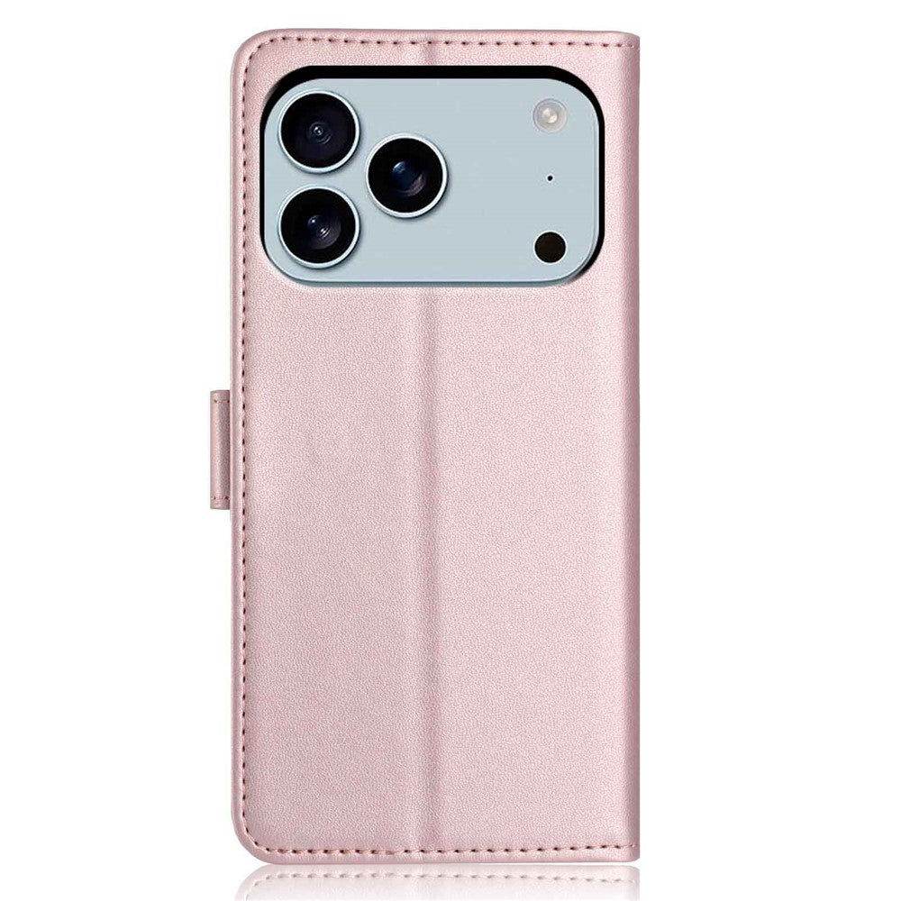 For iPhone 17 Pro Max Wallet Case with Strap / Multiple Card Slots Solid Color Leather Stand Phone Cover - Rose Gold