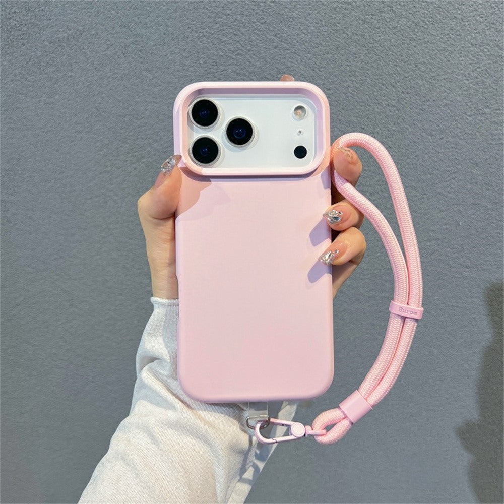 For iPhone 17 Pro Max Case Soft Microfiber Lining Liquid Silicone + PC Phone Cover with Wrist Strap - Pink