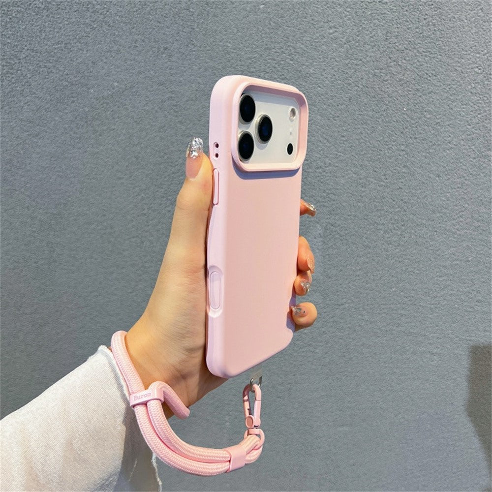 For iPhone 17 Pro Max Case Soft Microfiber Lining Liquid Silicone + PC Phone Cover with Wrist Strap - Pink